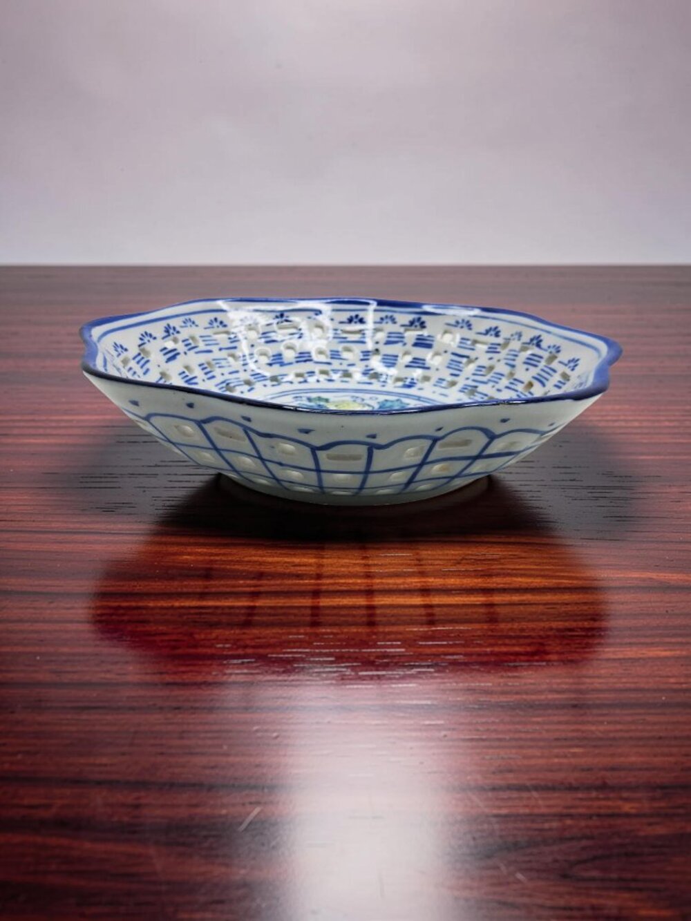 vintage handmade chinese reticulated porcelain fruit design bowl